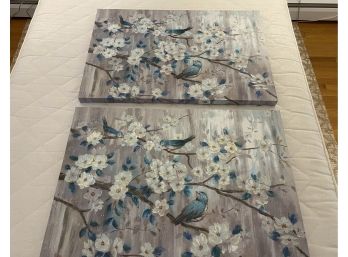Pair Of Attractive White Flower & Blue Bird Stretched Canvas Textured Prints