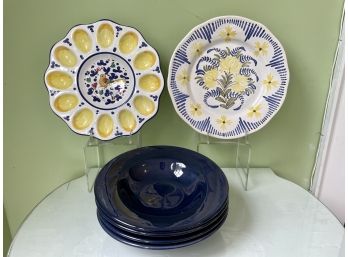 Blue & Yellow Hand Painted Deviled Egg Plate, Round Platter & Four Pottery Barn Bowls