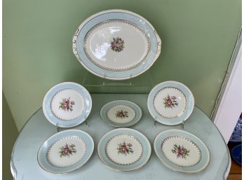 Homer Laughlin Blue Eggshell Georgian Gold And Floral Bread Plates & Oval Platter