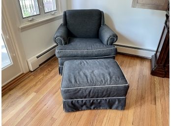 Grey Denim Upholstered Chair & Ottoman With Contrasting Pale Grey Piping
