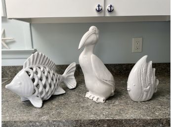 Trio Of White Ceramic Decorative Pelican & Fish