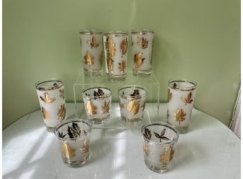 Frosted Mid Century Acid Etched Barware With Gold Leaf Design