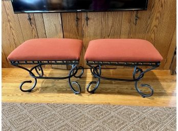 Pair Of Wool Upholstered Scroll Design Benches