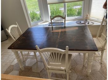 Dark Stained Top Farmhouse Style Table With White Base & Four Wheat Back Chairs