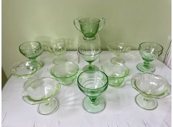 Green Depression Glass Collection Including Sugar & Creamer