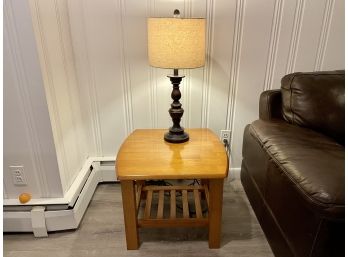 Mission Style Side Table & Carved Wood Lamp With Barrel Shade