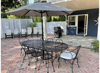 Wrought Iron Outdoor Patio Set Including Oval Table, Eight Chairs & Umbrella