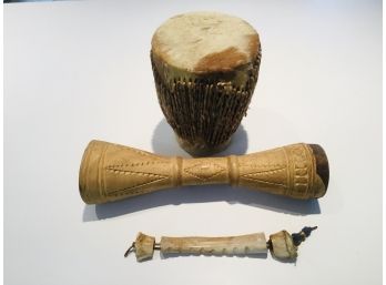 Two Tribal Drums And Bone Rattle/Rasp