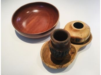 Four Vintage Turned And Carved Wood Vessels
