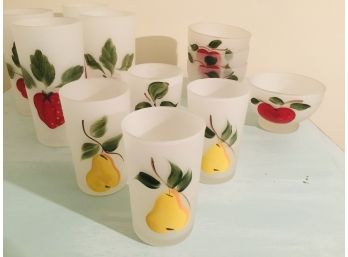12 Vintage Hand-Painted Fruit Motif Frosted Glasses