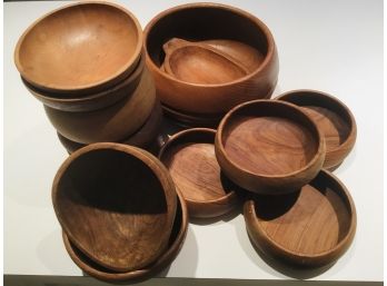 Large Group Of 13 Vintage Teak Wood Bowls