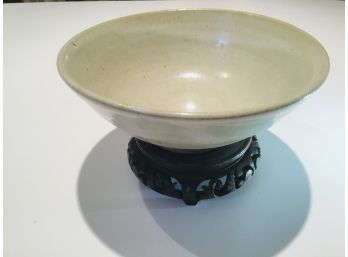 Older Asian Glazed Ceramic Tea  Bowl On Carved Stand