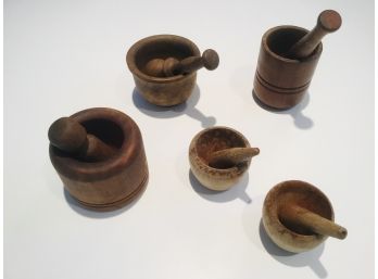 Collection Of Five Ethnic Wood Mortars And Pestles