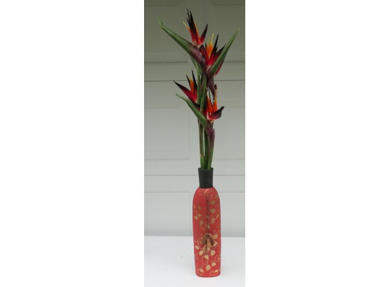 Long Orange Vase With Artificial Bird Of Paradise Flowers