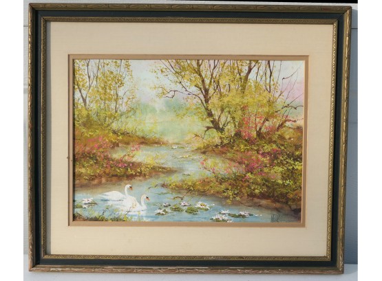 Beautiful Nature Picture Featuring Swans In A Creek - Matted/Framed Water Color