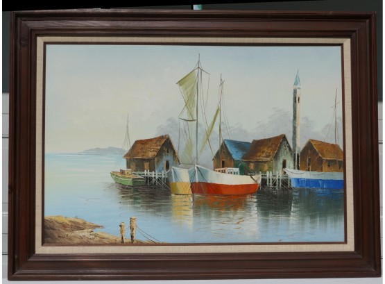 Original Oil Painting By Milton  - Beautifully Framed - Seaside Village With Sailboats - Fishing