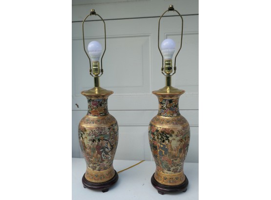 Vintage/Antique Pair Of Oriental Lamps - Converted Identical Vases With Shades (2) Ornate And Equisite