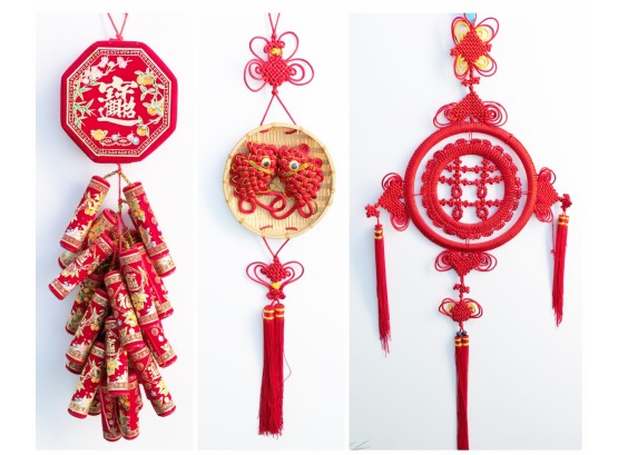 Three Chinese Wall Hangings - One With Fish & Tassels And One With Tubes & One LONG -- Mostly Red Oriental