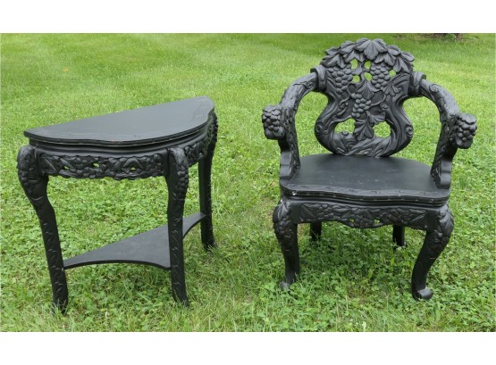Magnificent Carved Wooden Chair With Arms And Matching Carved Side Table - Japanese