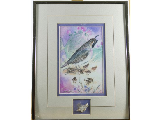 Cleo Teissedre - Signed Watercolor Of A Bird - Matted And Framed With A Decorative Stone Piece