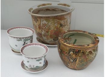 Lot Of 4 Larger Decorative Pots - Planters Etc.   Oriental Designs