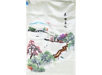 Beautiful Japanese Silk Painting - Embroidered, Traditional With Fuji And Scenes From Japan