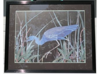 Large Blue Bird (Pelican?) On Art Paper - Matted And Framed Under Glass (appears To Be Watercolor)