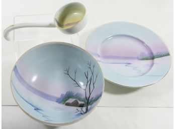 Meito China - Japan - Bowl, Saucer And Dipping/serving Spoon Mint - Rural Farm Scene - Handpainted