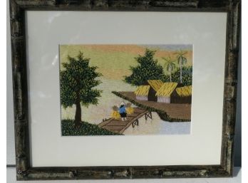 Silk Painting With Embroidery - Oriental - Bamboo Style Frame - Village Image