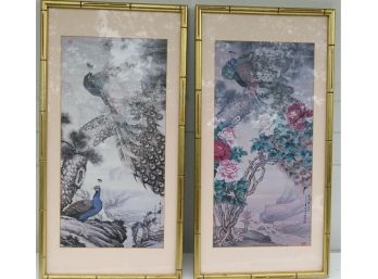 Pair (2 Each) Of Japanese Signed Peacock Paintings - Matted And Framed