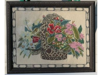 Framed Floral Needlepoint - Under Glass - Vintage, In Flower Pot,