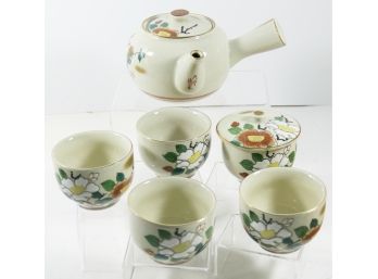Vintage Japanese Floral Design Tea Set In Wooden Box - 5 Cups, Teapot And Cover - Beautiful Traditional Set