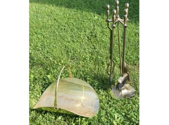 Brass Fireplace Set - 4 Piece Tool Set, Tool Holder, And Log Holder - Attractive