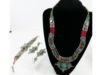 Vintage Turquoise Necklace, Earring And Bracelet Set - MAGNIFICENT