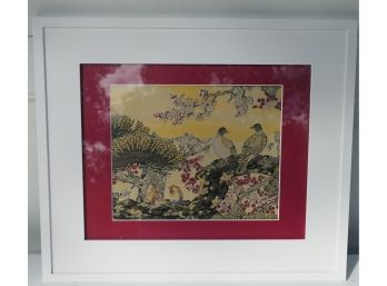 Oriental Silk Painting With Embroidery - Framed, Matted Under Glass - Doves
