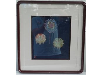 Japanese Silk Painting - Embroidered Fireworks - Matted, Framed (lacquer Frame)