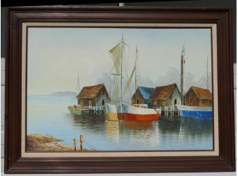 Original Oil Painting By Milton  - Beautifully Framed - Seaside Village With Sailboats - Fishing