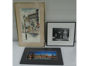 Lot Of 3 Matted, Signed And Framed Pictures Pre-9-11 Photo Still Life Montreal Street Scene