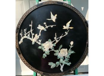 Black Lacquer Wall Hanging Plate Style - 27' Diameter - Chinese Birds With Inlayed Edges