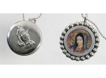 2 Sterling Necklaces - One Of Mary (BVM) And The Other A Praying Hands Locket - Each With Necklace