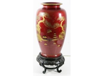 10' Japanese Vase - Lovely Red With Beautiful Design On Wooden Pedastel Base