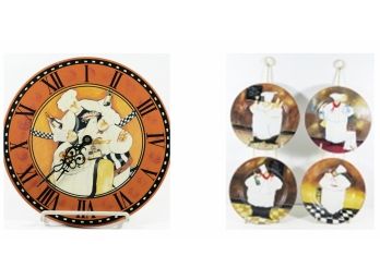 Set Of 4 Themed Sakura Plates - Featuring Bright And Whimsical Chef's.  Includes Wall Mounting Unit & CLOCK