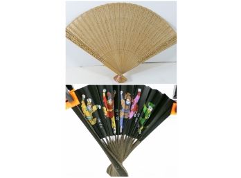 Pair Of Japanese Fans In Boxes - Small And Colorful And Larger Ornate Design