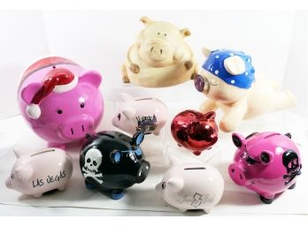 Collection Of 9 (NINE) Piggy Banks - In Like New Condition.  Java The Hut Piggy, Santa Piggy , And More