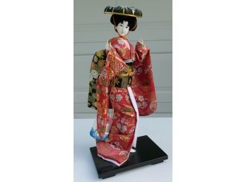 Vintage Geisha Girl Doll In Kimono With Black Hat And Carrying Bucket