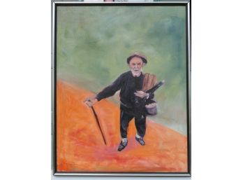Old Man With Eggs Walking - Oil Painting By P Thorpe, 1975 Primitive From A Painting