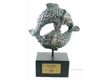 Pisces (Feb 19 - March 20) - The Fishes Zodiac Symbol Sculpture - Metal Fish On Wooden Base