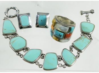 Sterling Silver (925) Bracelet & Earring Set With Size 7 Ring - Turquoise Beauties