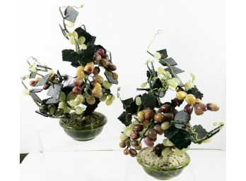 Pair Of Vintage Grape Vines In Marble Pots - Jade Grapes And Leaves  - Magnificent Detail RARE