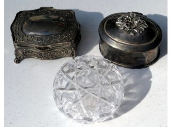 3 Small Jewelry Boxes - 2 Metal And 1 Leaded Glass - Excellent Condition